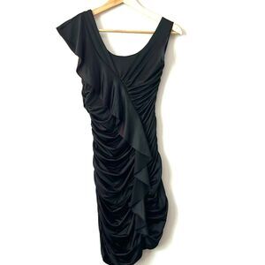 Bebe Y2K Bodycon Sleeveless Ruffled Club Party Dress Stretch Ruched Black Sz XS